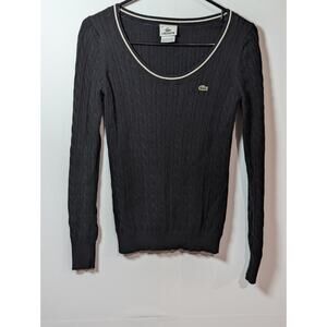 Lacoste Cable Knit Sweater Women's Size Small Black Cream Alligator Shirt Preppy